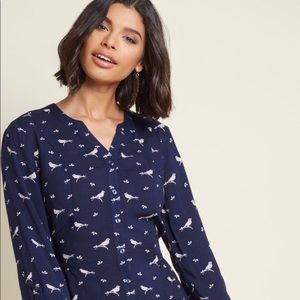 ModCloth Trusty Travel Button-Up Top in Navy Birds